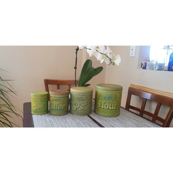 4 Pc Vintage Fluffy Brite White Sunshine Golden Leaf Tins Flour Sugar Coffee Tea - Picture 1 of 6